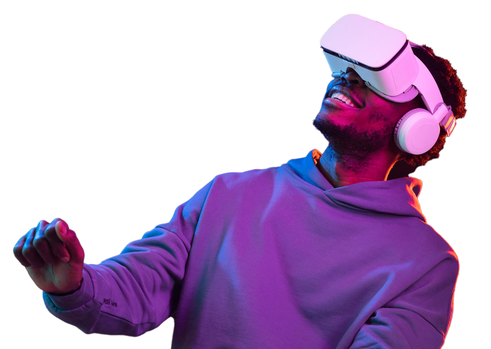 Person wearing VR headset with purple lighting, showcasing advanced gaming technology