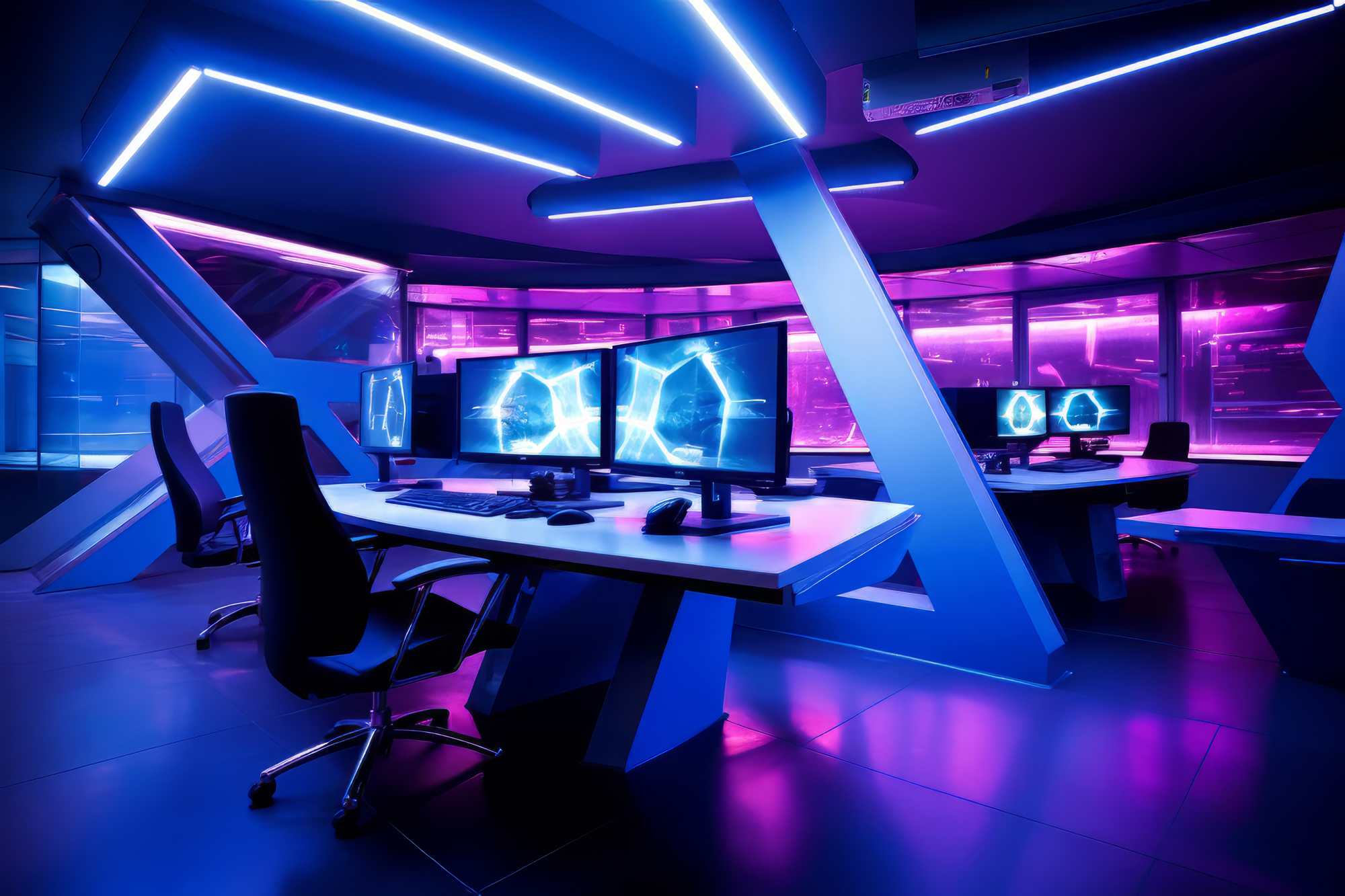 Futuristic gaming room with multiple monitors and neon purple lighting